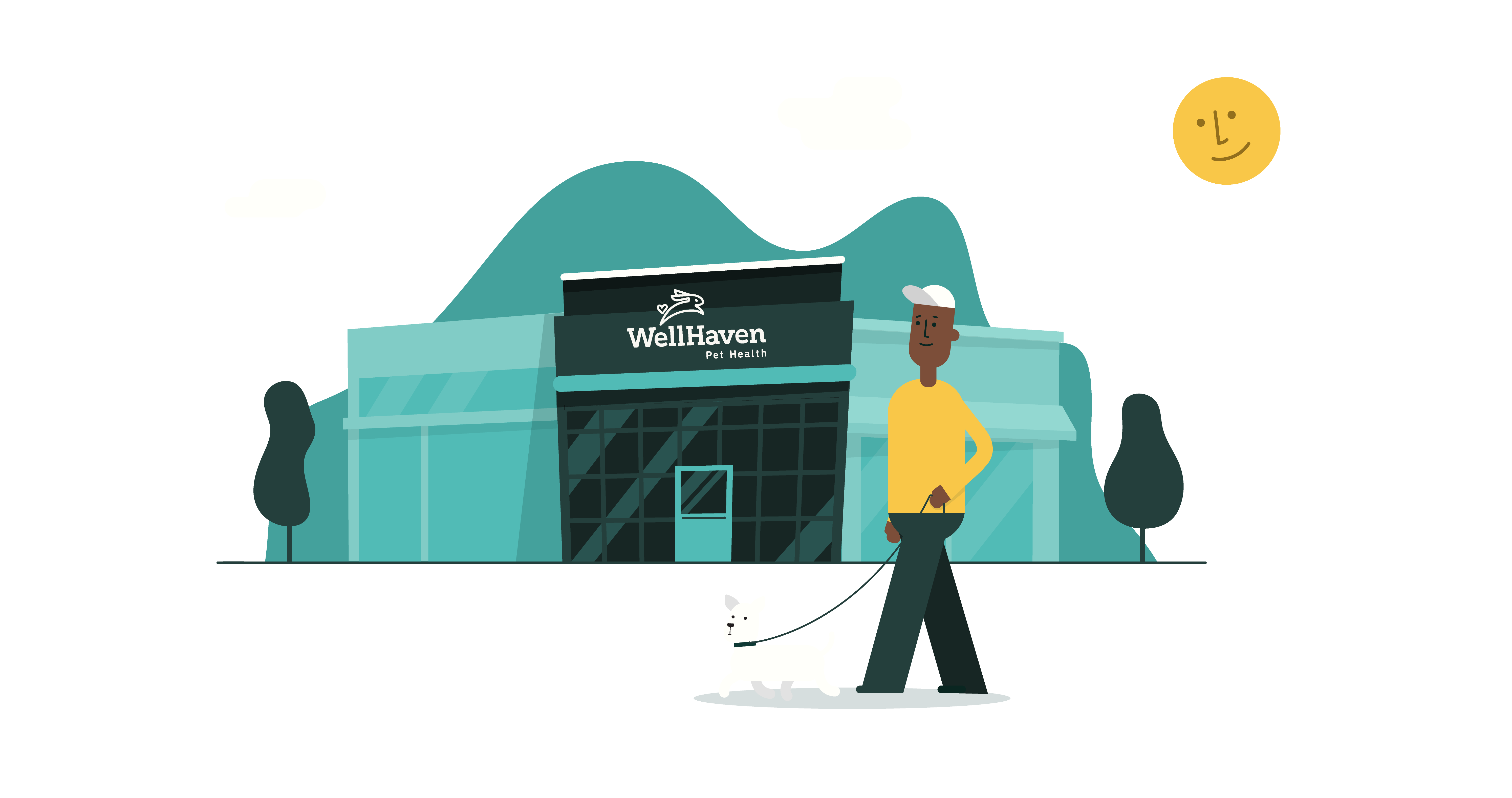 Graphic of a man walking a dog in front of WellHaven Pet Health